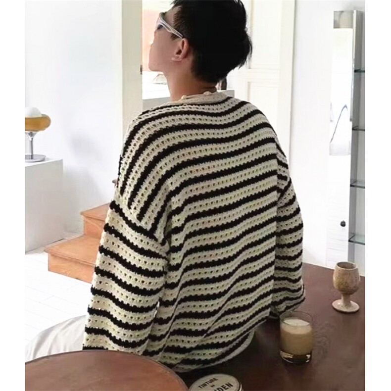 新款法式镂空条纹针织衫圆领长袖软糯舒适毛衣男女M594,男装针织衫/毛衣,星座1116A（原606A-3）