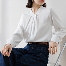 2024春秋一粒扣立领气质缎面抗皱白色衬衣职业OL雪纺衬衫，女装衬衫，梦白服饰厂