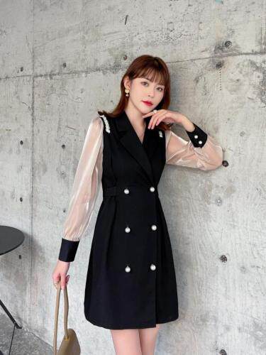 【秋季新款】淑女拼色连衣裙珍珠扣，女装连衣裙，笑思源