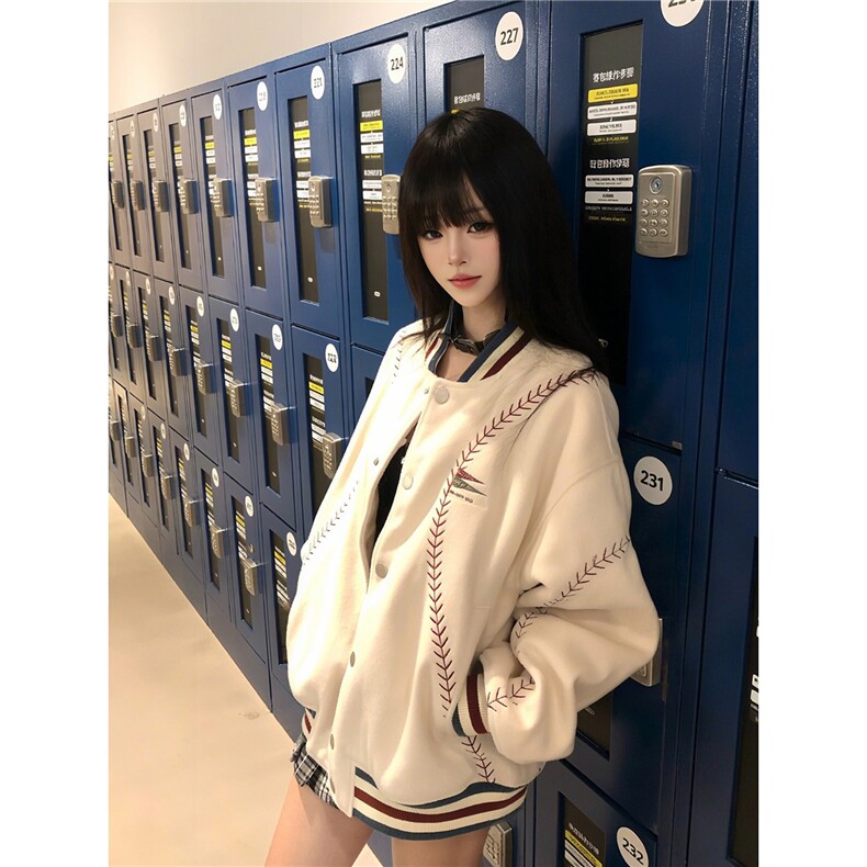 美式白色刺绣夹克棉服男女冬季棒球纹理外套学院风加厚夹棉棒球服,男装夹克,星座506A
