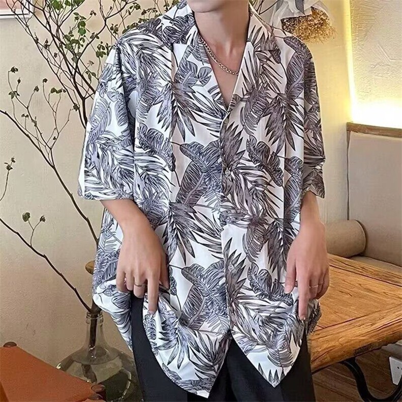 夏季日系潮牌新款满印叶子衬衣男ins街头宽松嘻哈青少年短袖衬衫,男装衬衫,星座506A