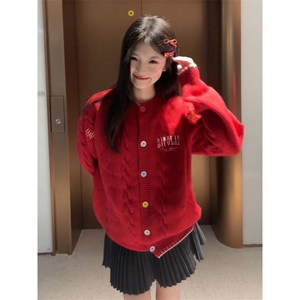 1506-1/G65690/P63甜爱圣诞红色绞花开衫毛衣女秋冬图片