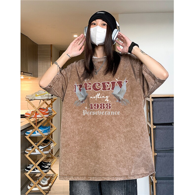 中性美式高街水洗做旧和平鸽印花短袖T恤潮宽松男女H819P38,男装T恤,电商A341