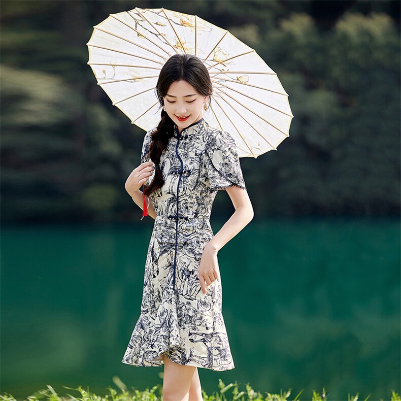 《48H发》淑女范旗袍双绉剪花连衣裙,女装连衣裙,魅丽静蓝