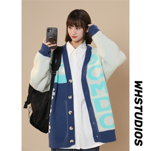 M8170/P75冬季复古文艺针织开衫新款V领拼色慵懒?男女潮牌毛衣图片
