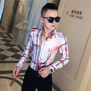 2021春秋衬衫社会男长袖上衣印花男装韩版修身四季潮流衬衣Q628-P55图片