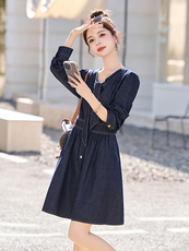 2025年新款优雅牛仔连衣裙女中长款春秋长袖高级感气质飘带连衣裙，女装连衣裙，流量+