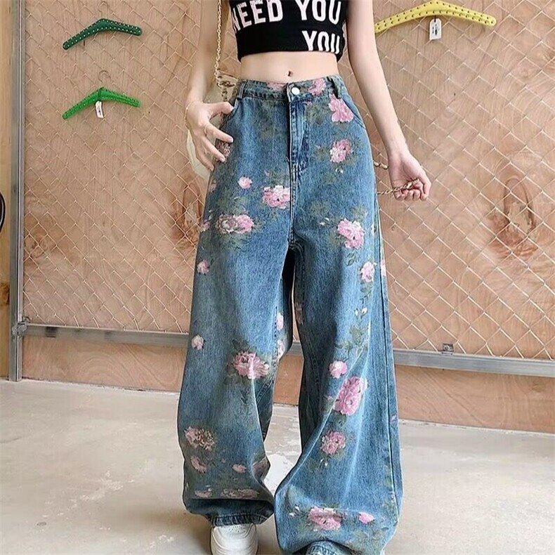 Feellonely夏季潮牌满印花朵直筒阔腿裤牛仔裤男女长裤显高显瘦,男装牛仔裤,星座813-2