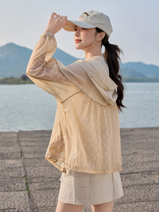 浅卡其色轻薄防晒衣女短款2025夏季新款连帽宽松户外透气长袖外套图片