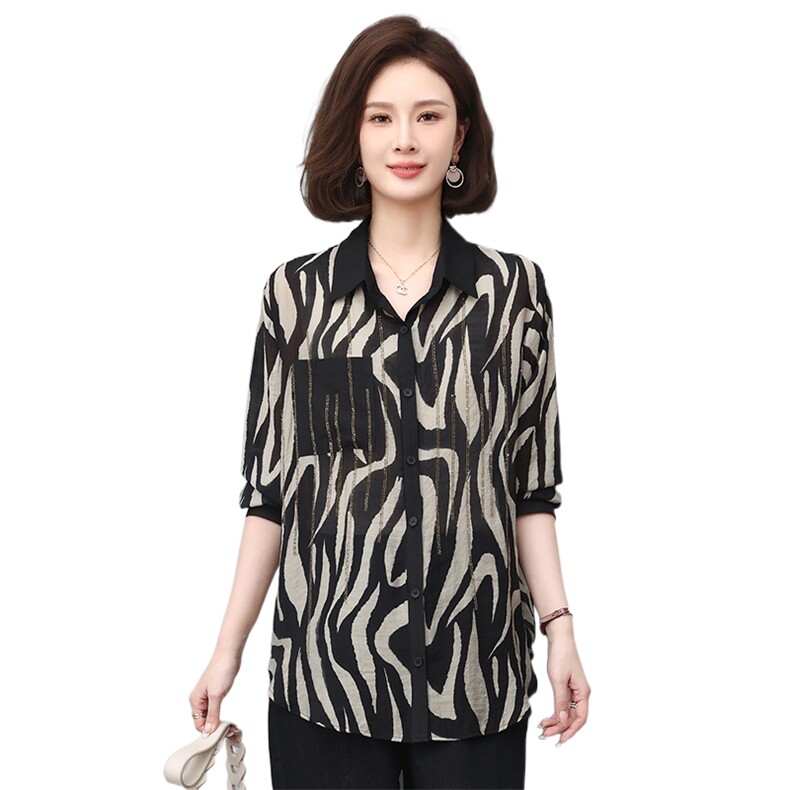 时尚春季宽松镶钻斑马纹衬衫女,女装衬衫,叶笙衣