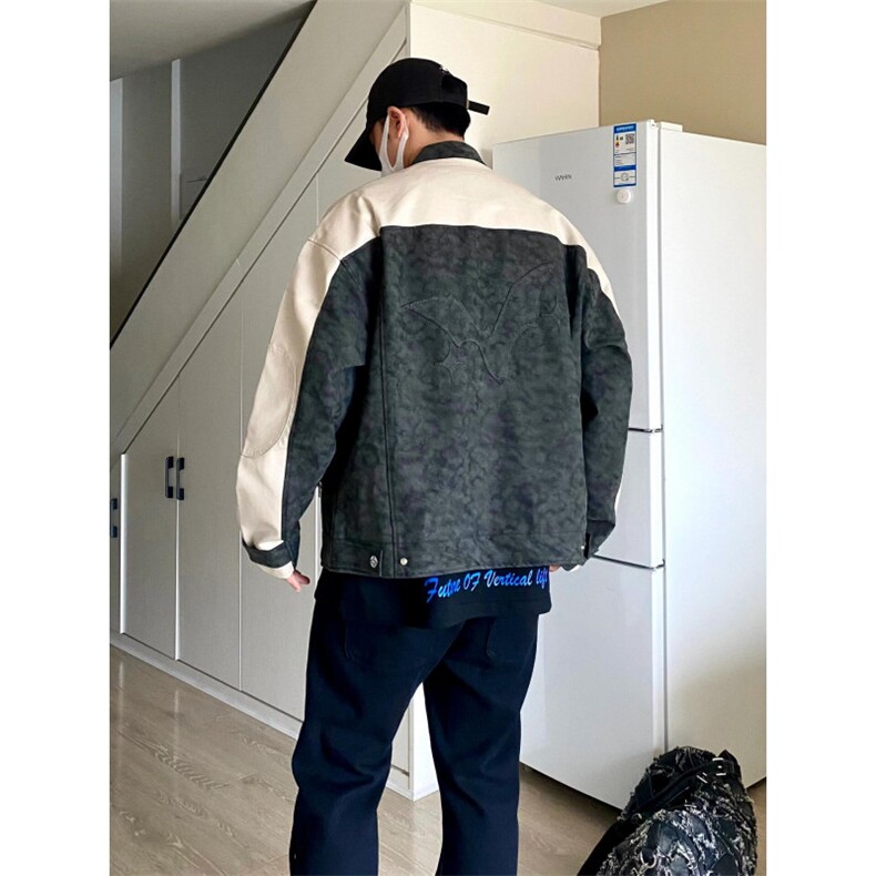 【有货】美式复古扎染皮衣外套男高级感痞帅拼接夹克3606CC-特P85,男装夹克,星座1007（原301D）