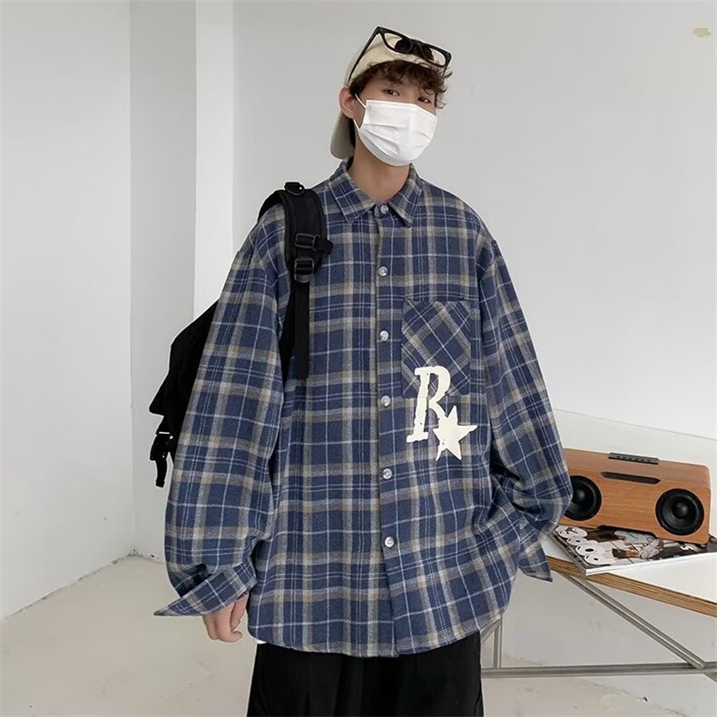 春秋季韩版情侣装美式复古衬衣宽松休闲外套格子衬衫W7001-P40,男装衬衫,星座512-2