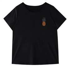 2025年夏季短袖T恤女圆领绣花纯黑色清新舒适简约宽松韩版，女装T恤，板酷