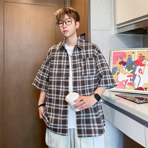 港风格子短袖衬衫男装条纹宽松薄款半袖衬衣外套五分袖C432/P35图片