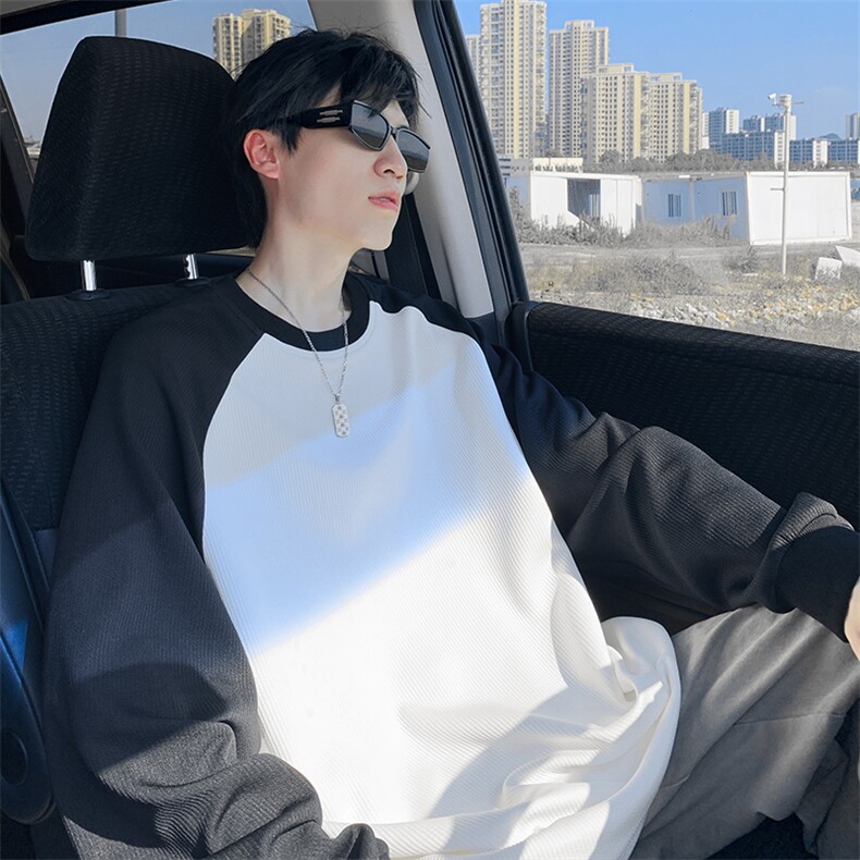 特批P25无差价秋季休闲撞色拼接插肩袖肌理感大码长袖T恤男T5074,男装T恤,电商A001-1
