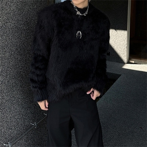 美式小众金属高级感垫肩毛衣男女秋冬季慵懒风情侣水貂毛绒针织衫图片