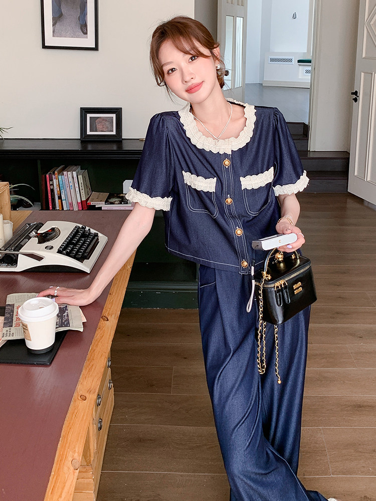 小香风牛仔套装女2025新款夏季超火今年流行爆款时尚阔腿裤两件套,女装套装/套裙,辉之琳