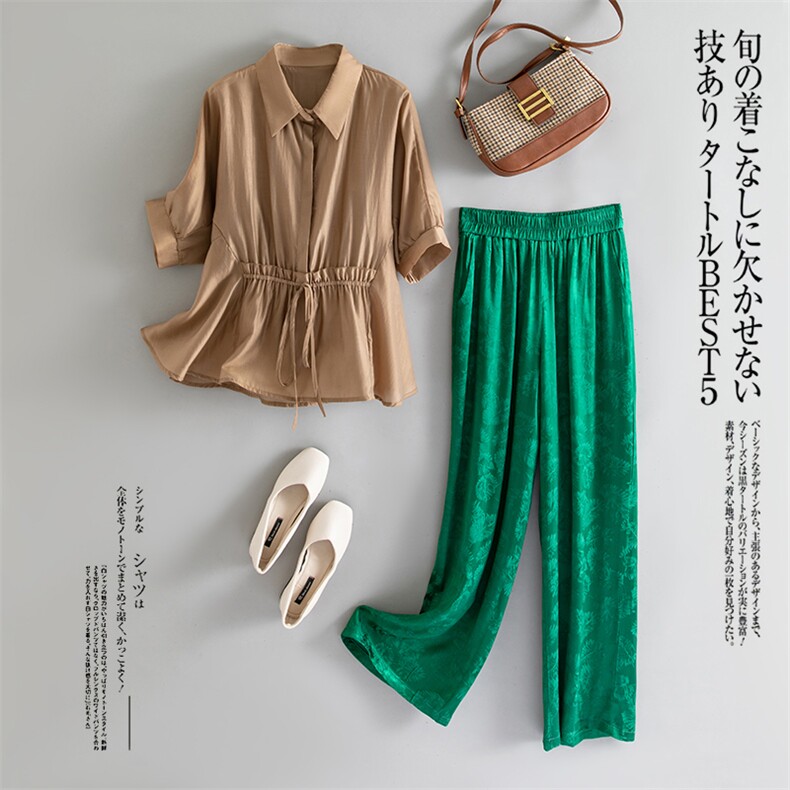 2023夏季新款天丝大码衬衫配提花缎面阔腿裤气质套装女（配吊带）,女装套装/套裙,水衣源