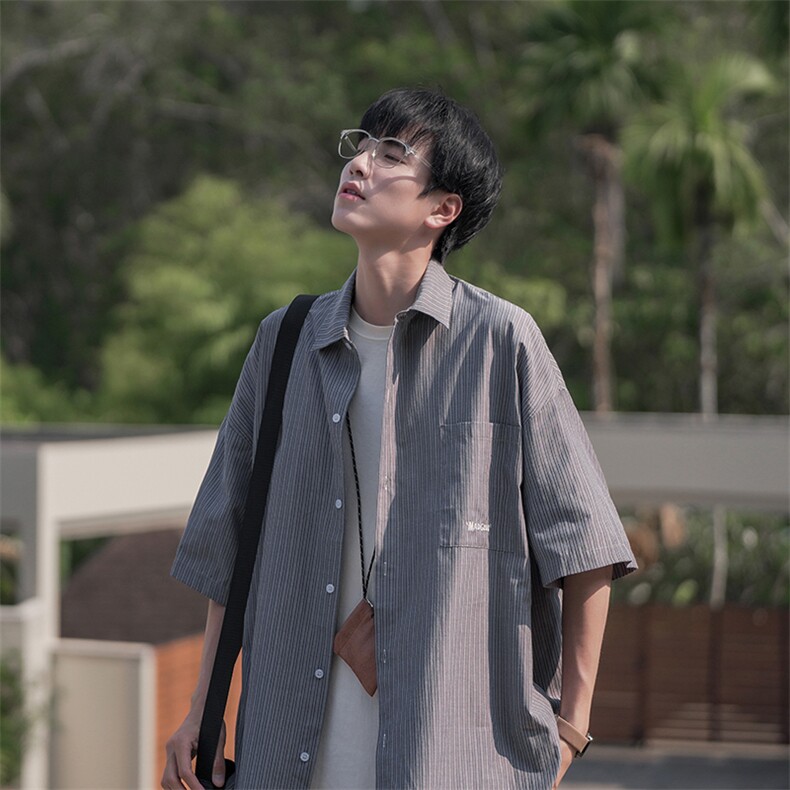 B225-C6065-P65-X85日系少年感条纹衬衫短袖男夏季阳光穿搭衬衣,男装T恤,电商B225