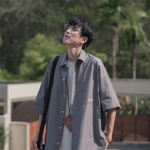 B225-C6065-P65-X85日系少年感条纹衬衫短袖男夏季阳光穿搭衬衣图片