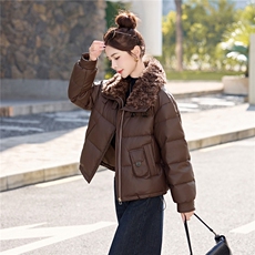 蛋白皮羽绒服女短款2025冬季加厚毛领宽松显瘦pu皮衣短外套百搭女，女装羽绒服，意芙