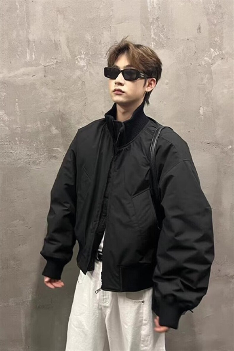 黑色飞行夹克棉服男冬季短款面包服美式cleanfit廓形立领棉衣外套,男装棉衣,星座908-1