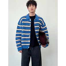 网络图现货韩版条纹设计感针织衫轻熟风宽松开衫毛衣JMY419-P65，男装针织衫/毛衣，星座715-7