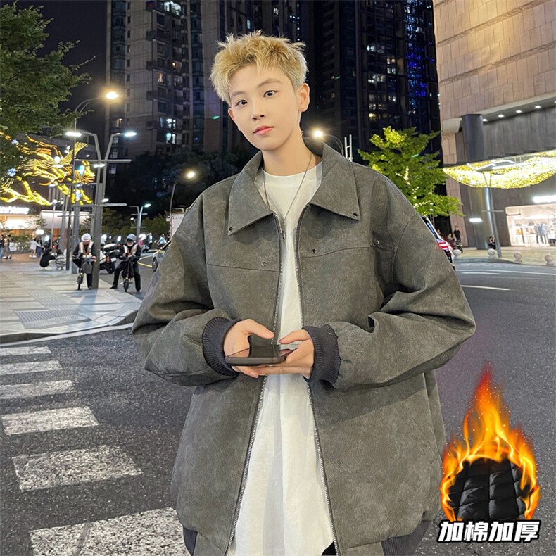 秋季翻领皮夹克男宽松男士皮衣外套潮A266-PY010-特批P78加厚P85图片
