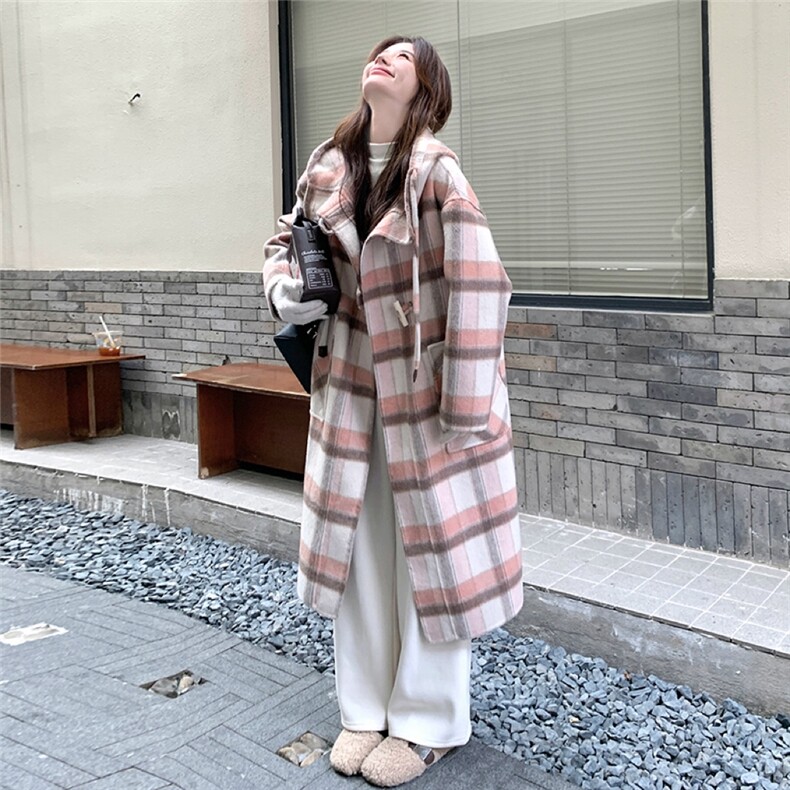 粉色格纹连帽双面羊绒大衣女2024冬季新款韩系宽松小个子毛呢外套图片