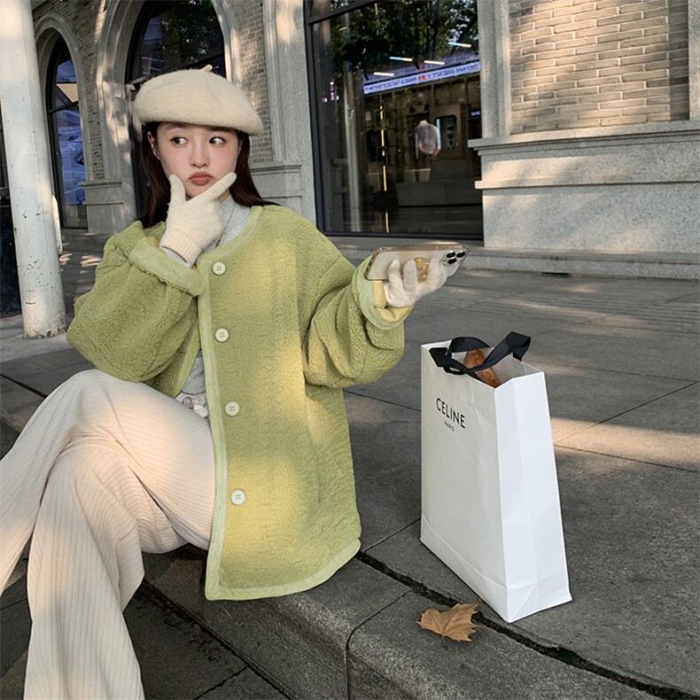 新款现货撞色羊羔毛外套,女装羊羔毛/颗粒绒,菡迪欧娜