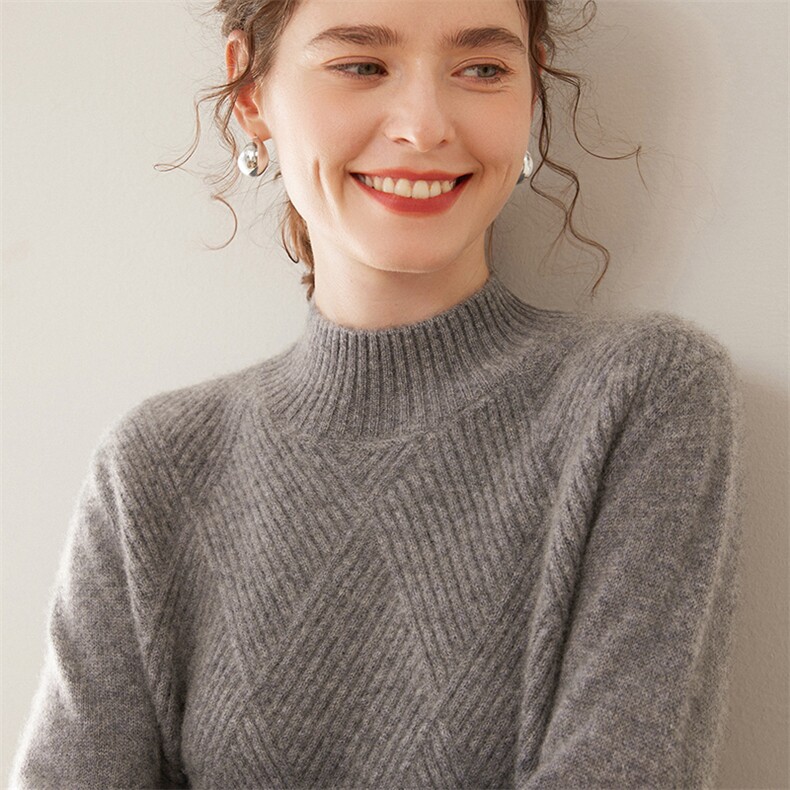 秋冬季新款舒适时尚百搭女士七针大菱形半高羊绒衫,女装羊绒衫,圣寒羊绒