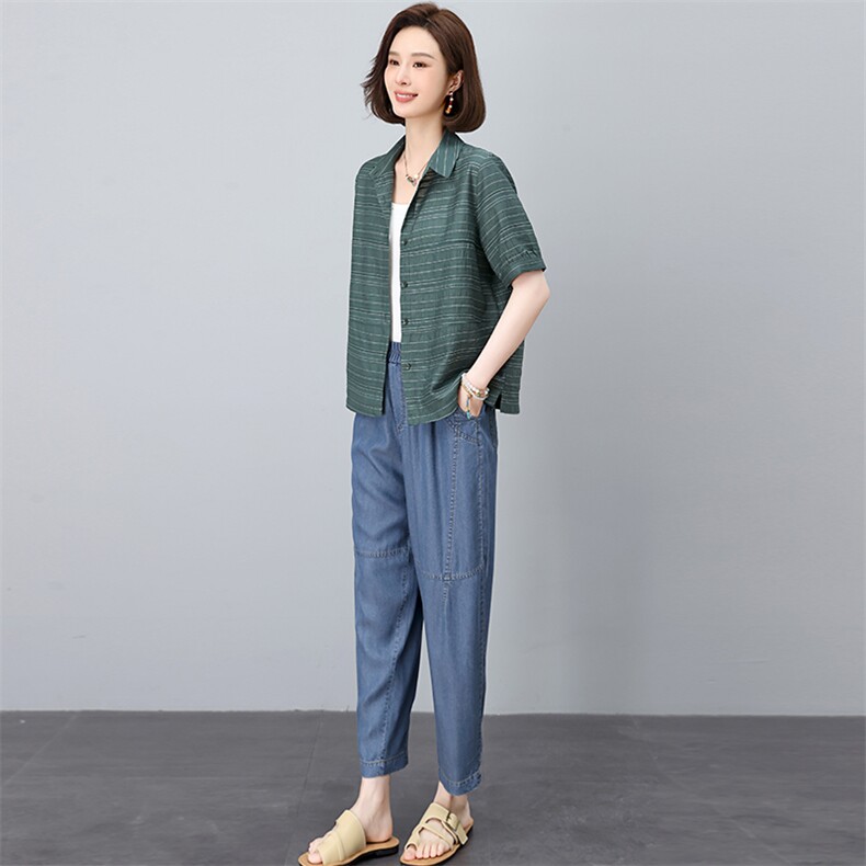 2025夏季条纹时尚简约大方气质优雅刺绣休闲透气两件套，女装套装/套裙，独衣靓