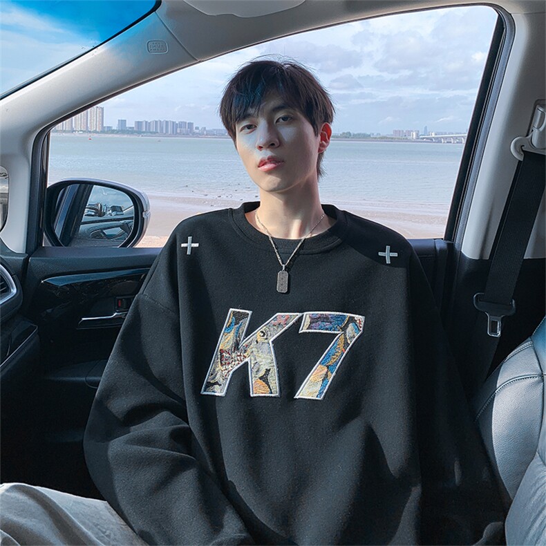 特批P38无差价K7字母贴布刺绣420g重磅华棉大码港风卫衣男W5426,男装卫衣,电商A001-1