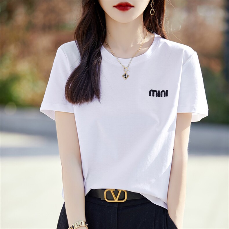 24夏季新款80支丝光棉t恤女烫钻印花短袖100%纯棉修身显瘦上衣T恤，女装T恤，暖烁羊绒