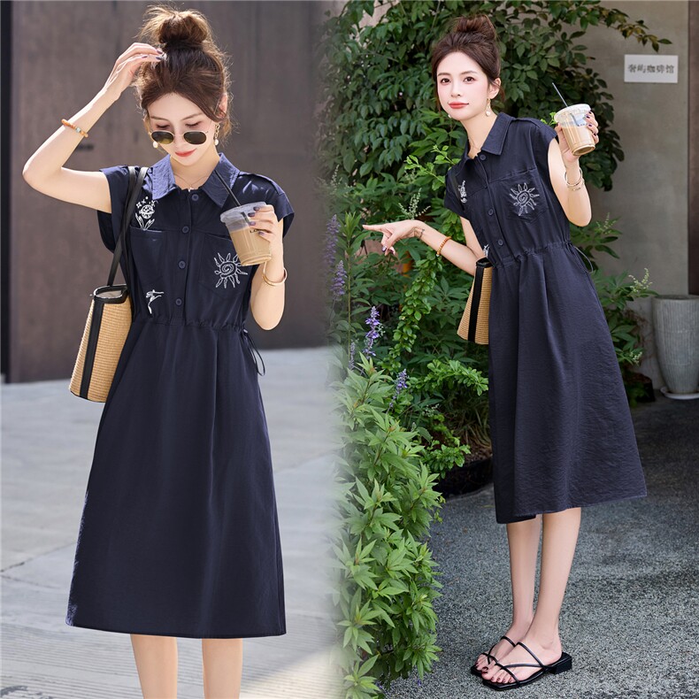 刺绣连衣裙2025夏季新款巨好看的简单大方气质休闲收腰短袖衬衫裙，女装连衣裙，意芙