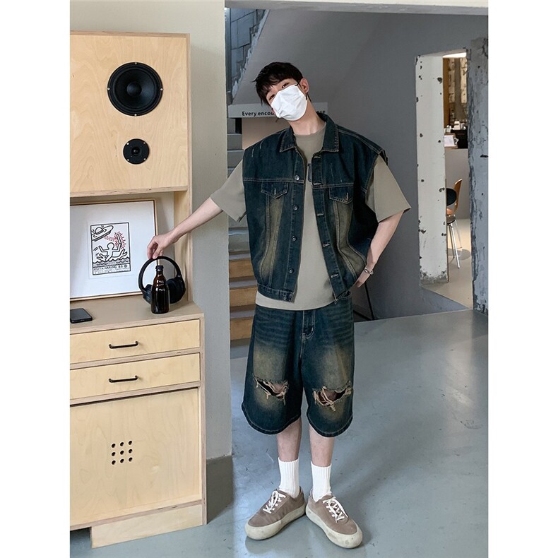 美式复古水洗牛仔马甲破洞短裤套装背心男女夏季街头宽松无袖外套,男装背心/马甲,星座1210-1