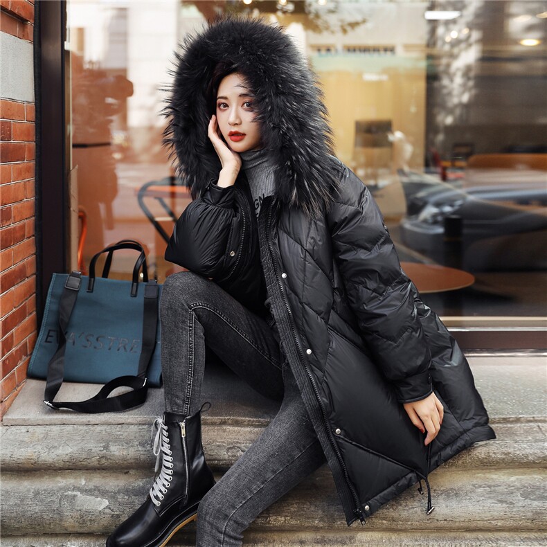 玫红色90白鸭绒羽绒服女中长款大毛领外套【高仿毛下架】,女装羽绒服,鑫源服饰