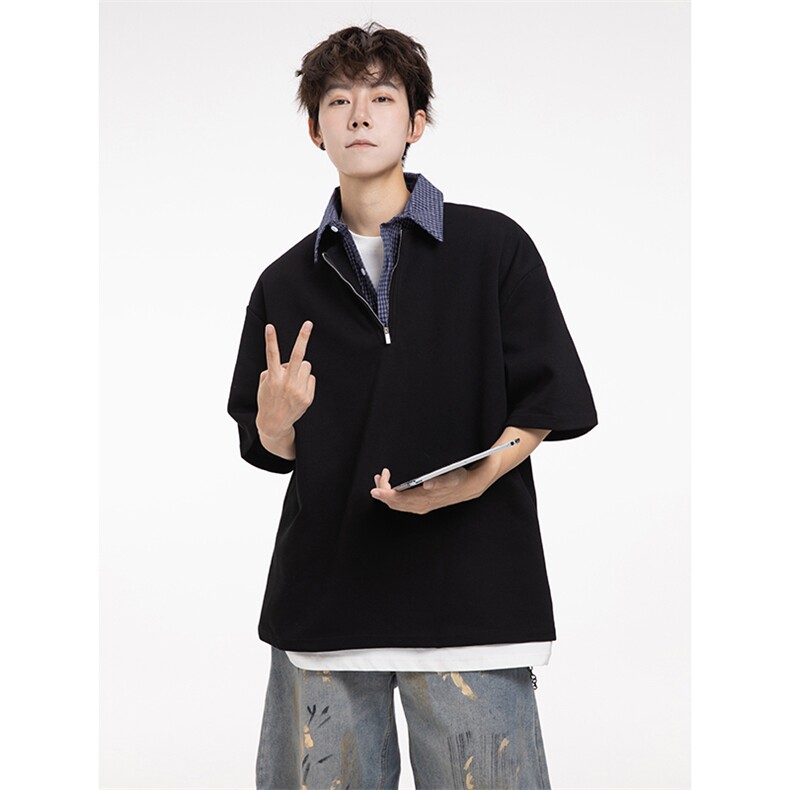 假两件拼接衬衫领韩系学院风上衣短袖T恤polo衫-8118-特P35，男装T恤，电商B289