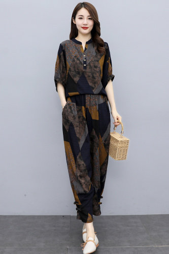 2025夏季新款休闲宽松显瘦中年妈妈亚麻两件套洋气减龄棉麻套装女,女装套装/套裙,千千佰惠
