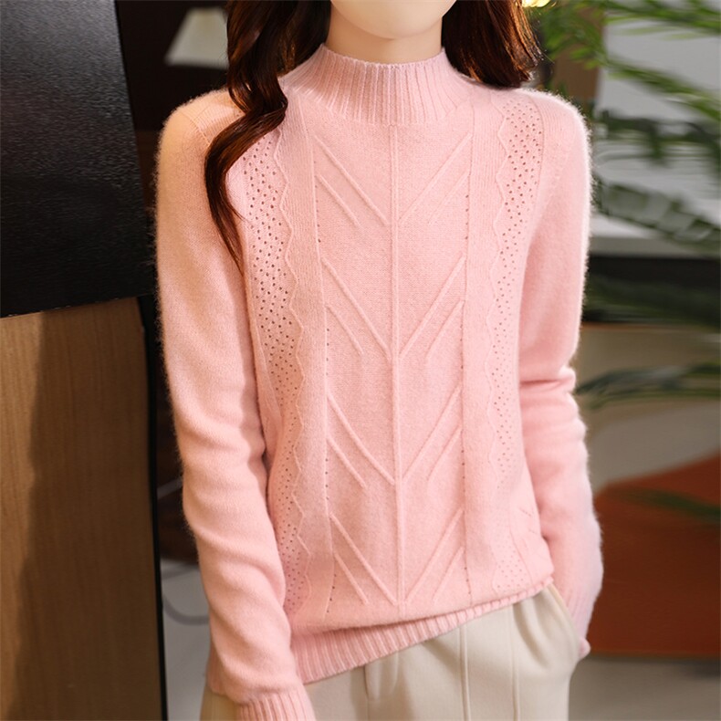 两侧镂空花纹半高领女士羊毛衫羊毛，女装羊毛衫，暮绒羊羊绒