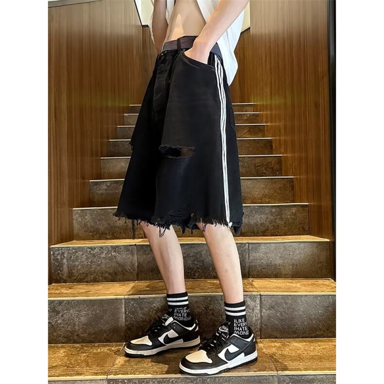 破洞牛仔短裤男夏季美式复古三条杠裤子设计感小众潮牌宽松大裤衩,男装牛仔裤,星座601-2