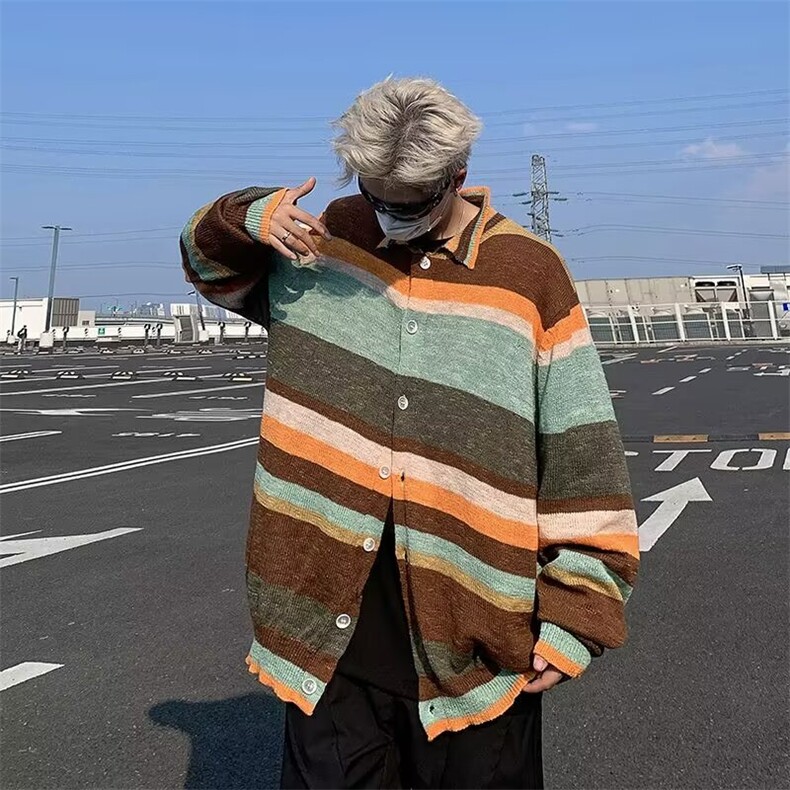 针织开衫男女韩版潮流高街拼色条纹宽松2024秋冬ins毛衣MZ472-P58,男装针织衫/毛衣,星座412-2