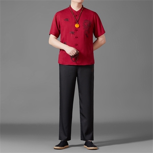 风短袖衬衫唐装长裤两件套男士夏中老年中式汉服MJ5101T-P95图片
