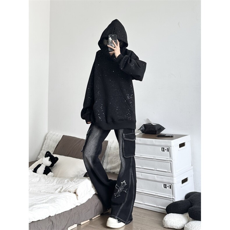 设计款美式潮流满天星设计字母钢印连帽卫衣P55,男装卫衣,电商D205