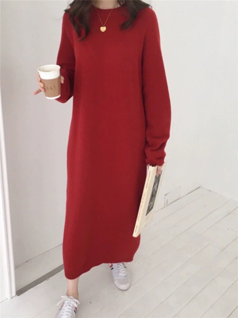 中长款圆领秋冬慵懒软糯休闲宽松保暖针织连衣裙,女装连衣裙,恩泰羊绒