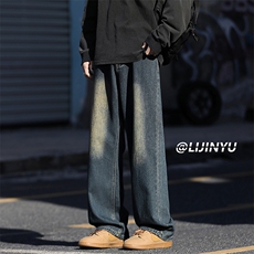 高街潮牌牛仔裤秋冬季宽松直筒阔腿休闲裤子K870特批40加绒特批50，男装休闲裤，星座718-1