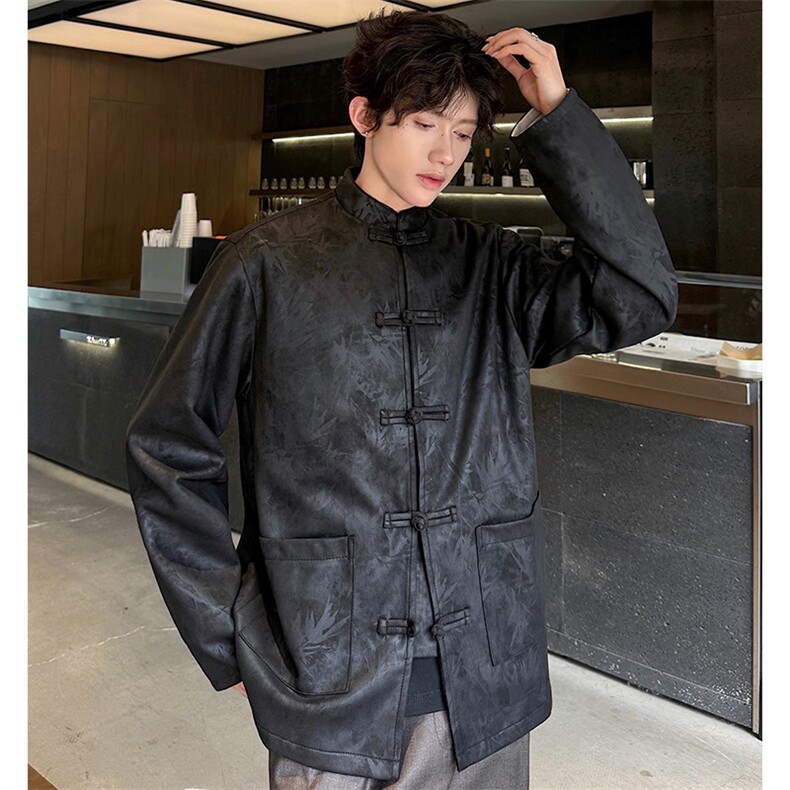 麂皮绒新款盘扣复古印花夹克新款中式翻袖情侣JK1818-P110控158,男装夹克,电商A021