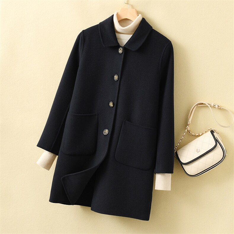 2024新款秋冬季双面大衣女中长款小个子娃娃领羊毛呢子外套，女装双面呢大衣，众策羊绒