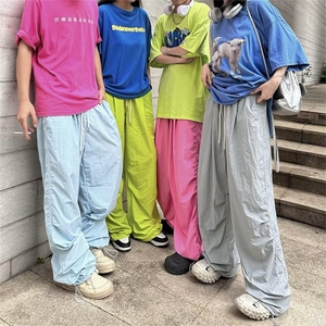 彩色轻薄款休闲直筒长裤子男女潮流街头美式阔腿裤青少年夏装图片