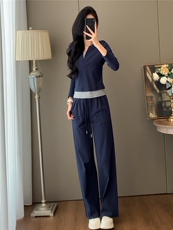 高品质时尚气质减龄套装女初秋新款拼接假两件上衣阔腿长裤两件套，女装套装/套裙，江南